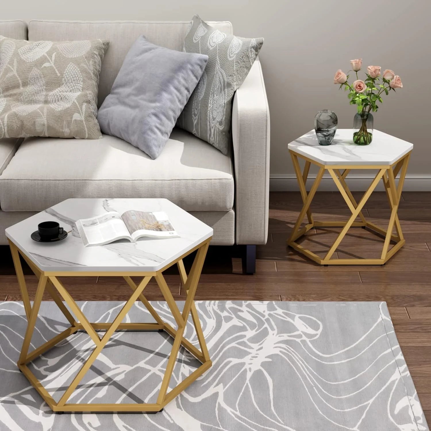 Hexagonal Marble Coffee Table Set of 2