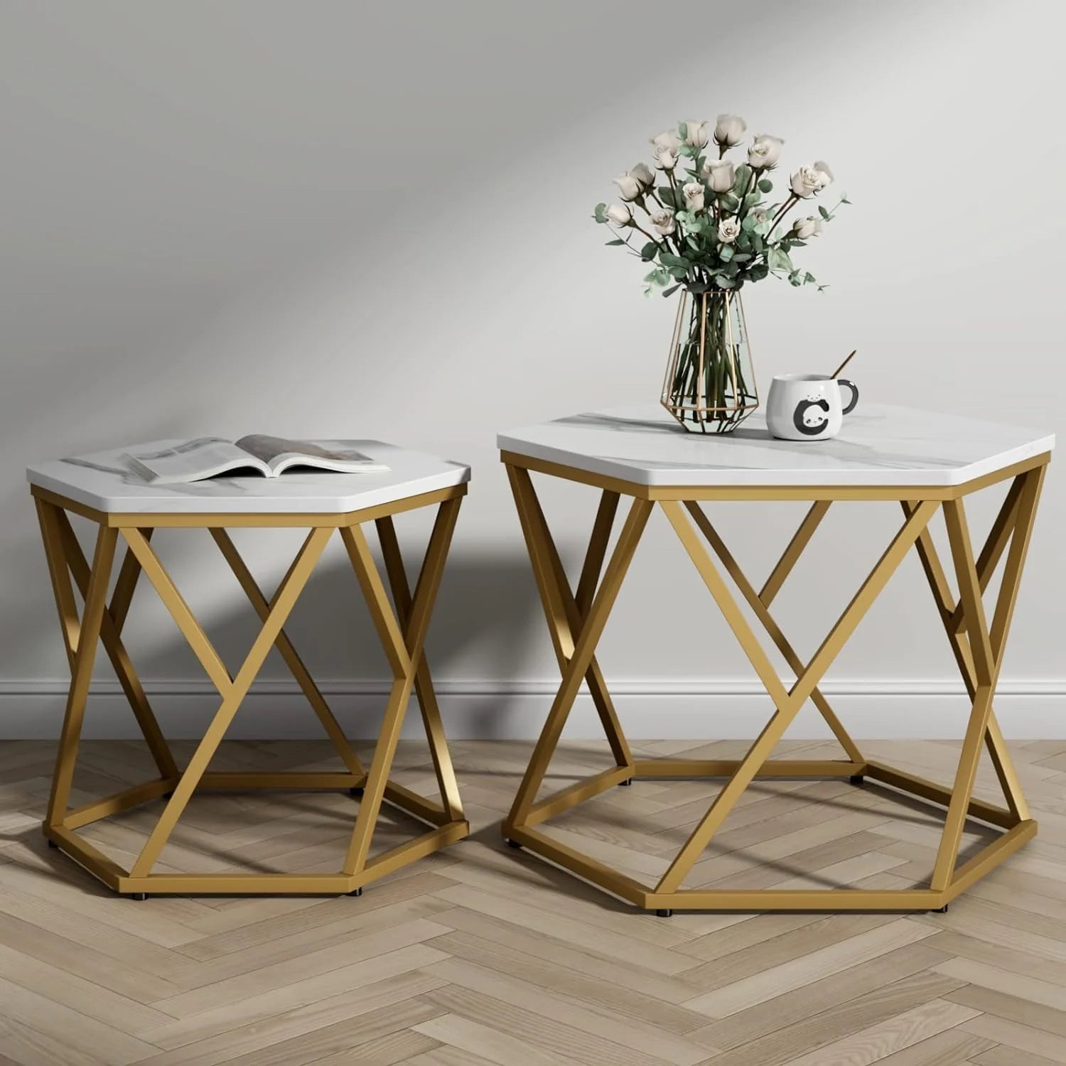 Hexagonal Marble Coffee Table Set of 2