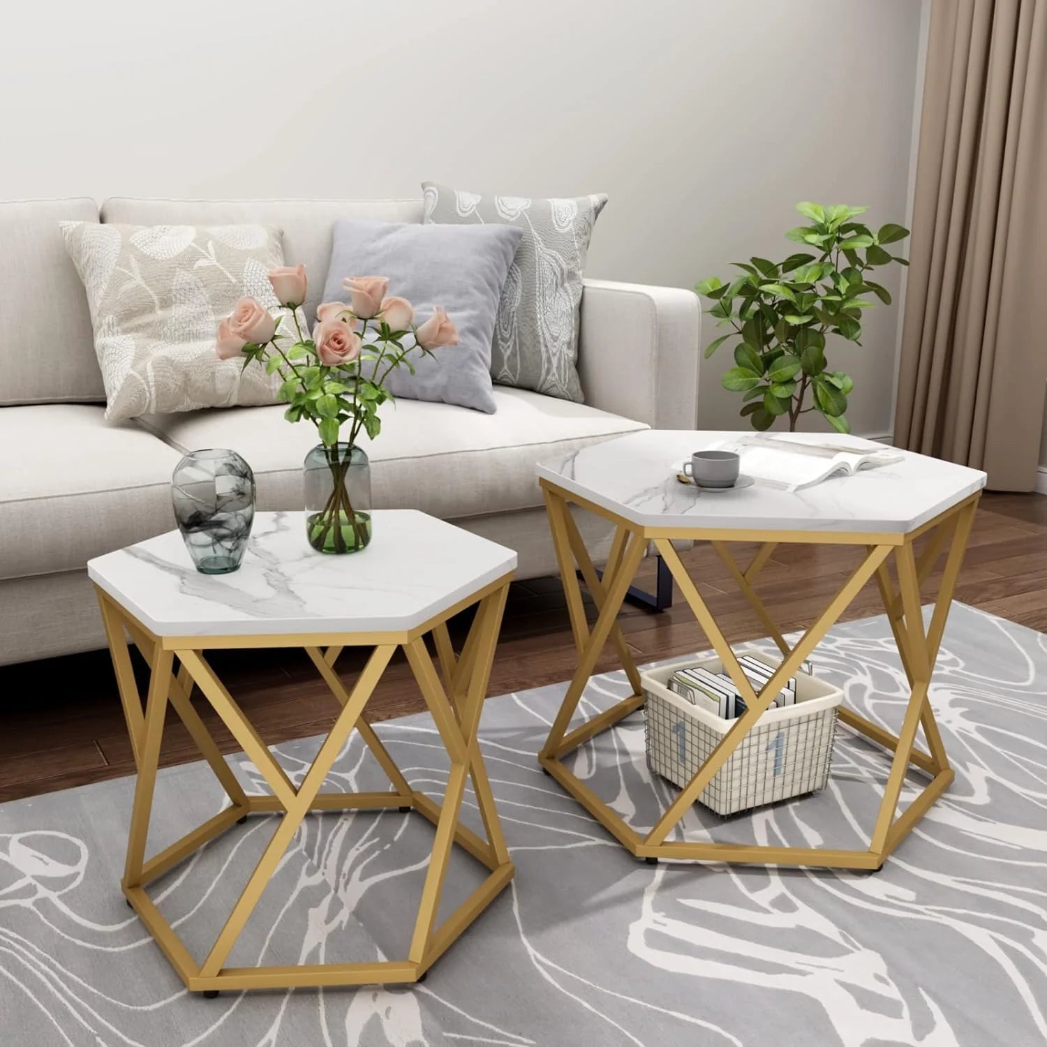 Hexagonal Marble Coffee Table Set of 2