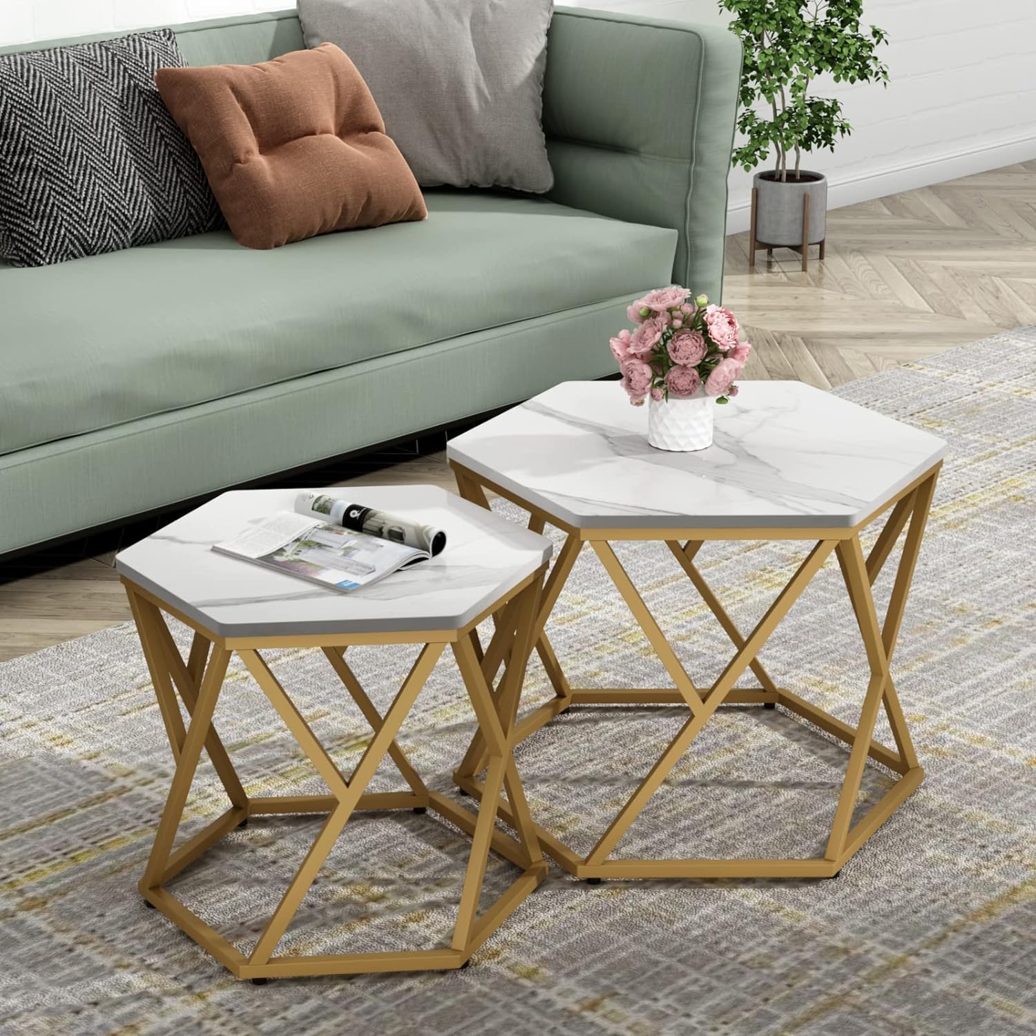 Hexagonal Marble Coffee Table Set of 2
