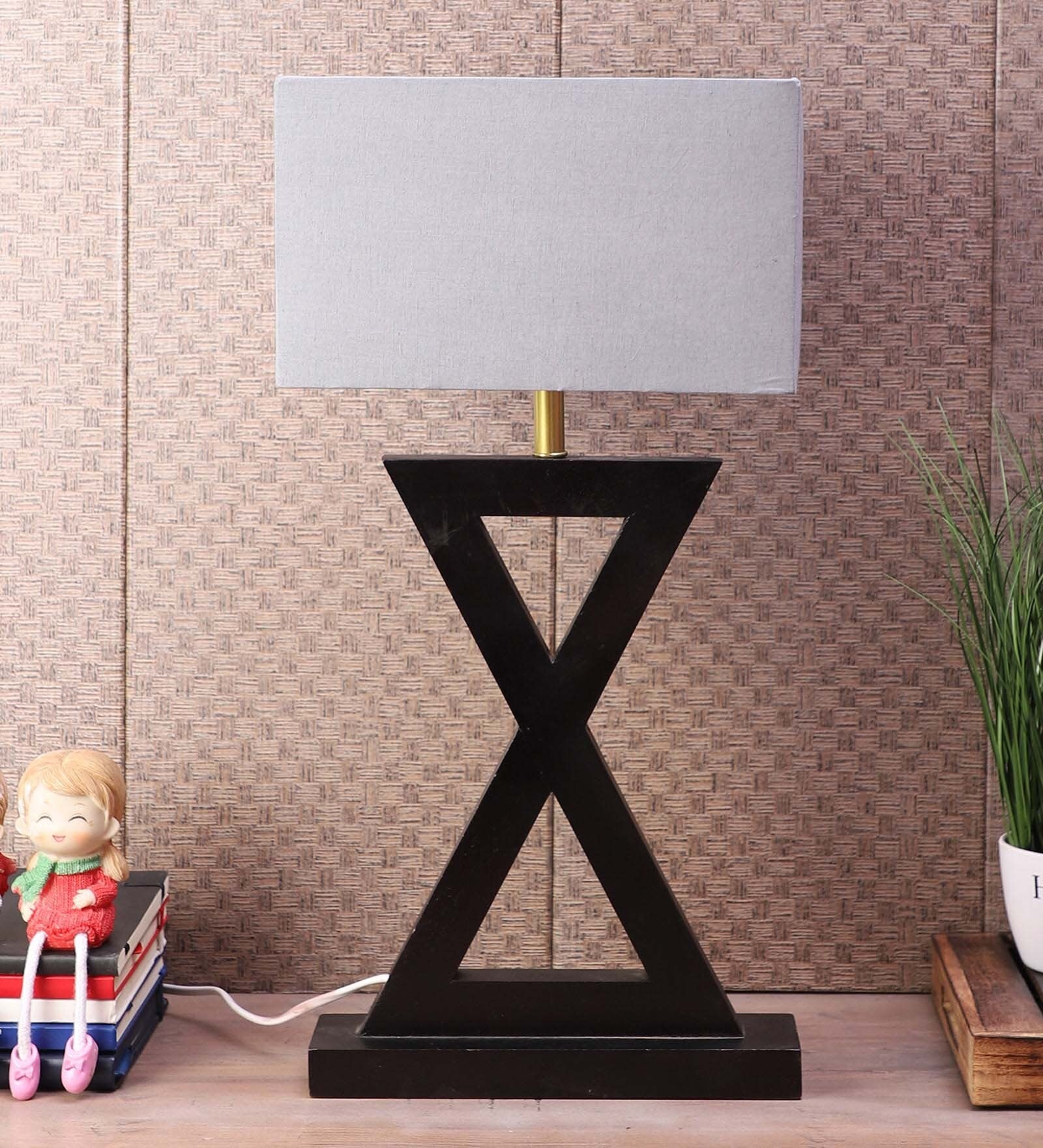 Soomin Grey Fabric Shade Table Lamp With Natural Base