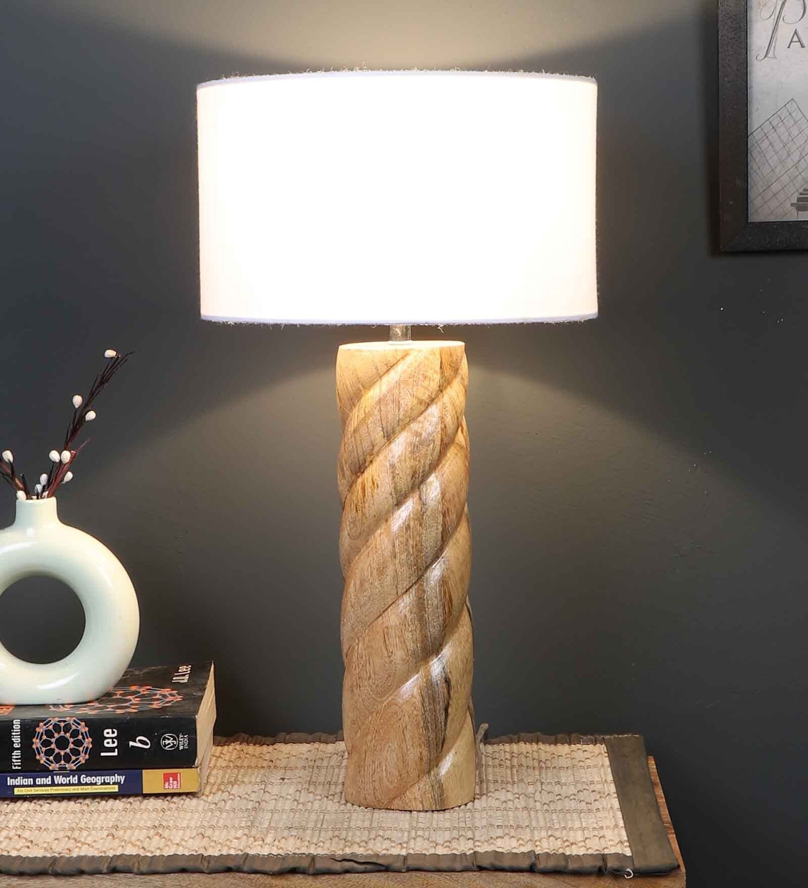 Fabric Wood Table Lamp With White Shade