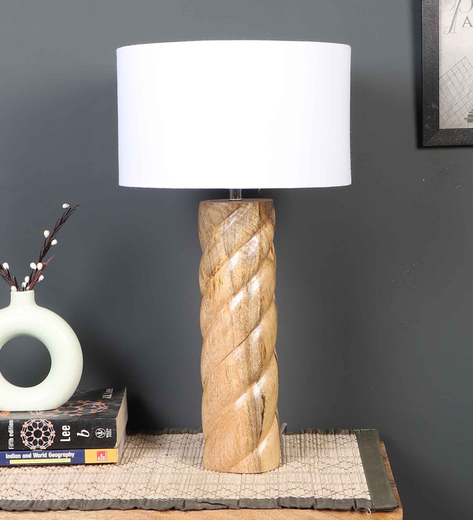 Fabric Wood Table Lamp With White Shade