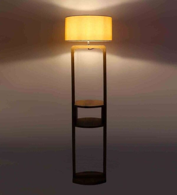 White Cloth Shade Shelf Floor Lamp With Wood Base,