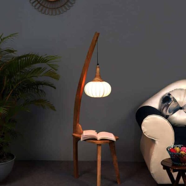Wave White Cloth Shade Shelf Floor Lamp With Mango wood Base